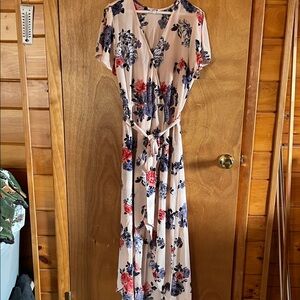 Floral Maxi Dress in Blush Pink with Red and Blue Accents